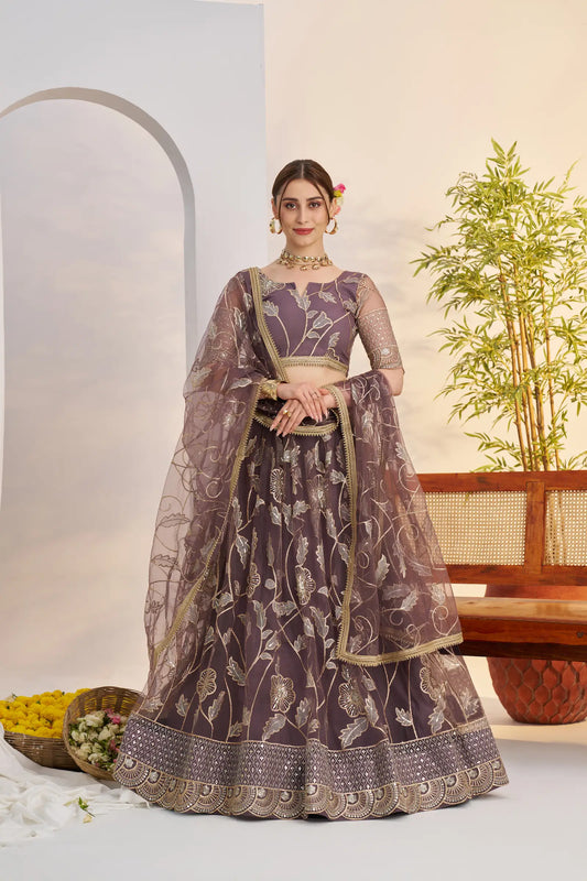 Dark Onion Net Lehenga Choli With Embroidery Work