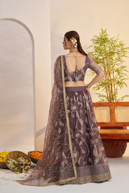 Dark Onion Net Lehenga Choli With Embroidery Work