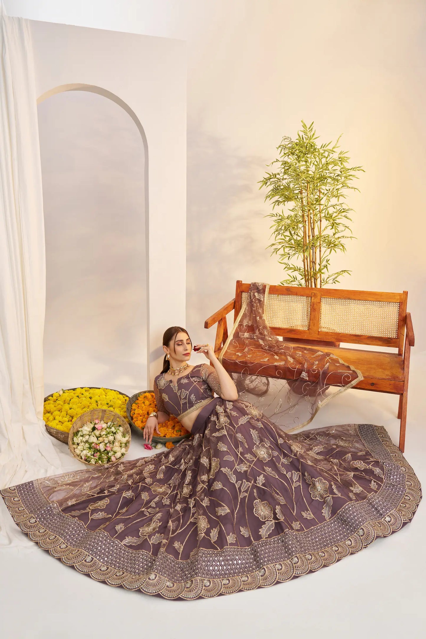 Dark Onion Net Lehenga Choli With Embroidery Work