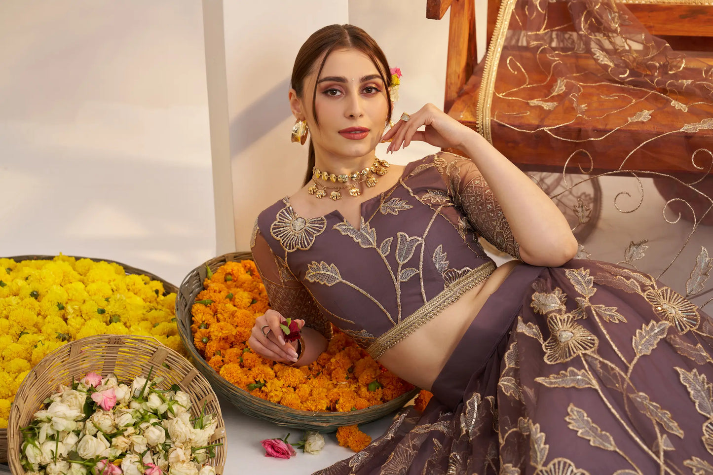 Dark Onion Net Lehenga Choli With Embroidery Work