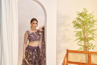 Dark Onion Net Lehenga Choli With Embroidery Work