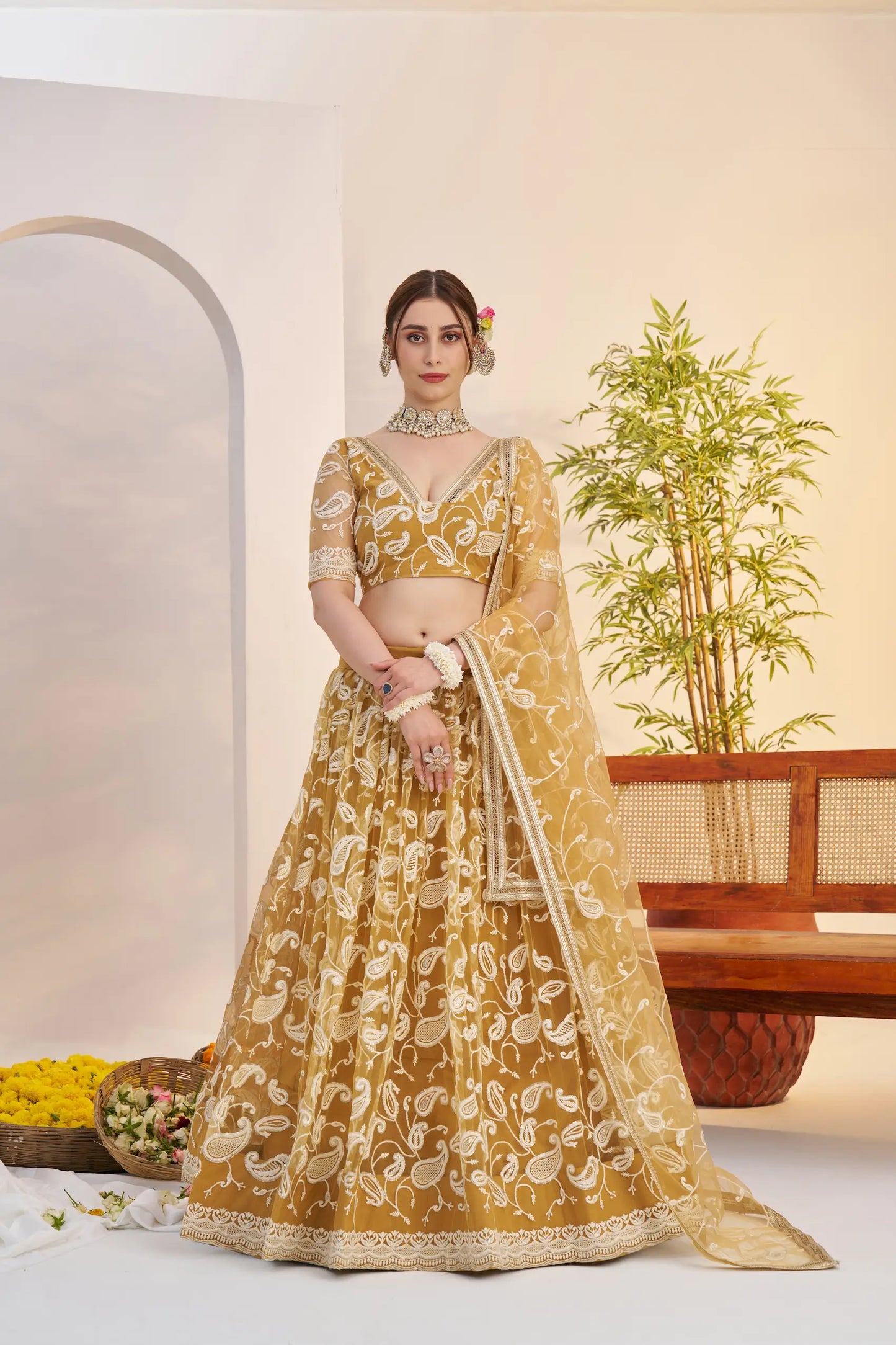Golden Yellow Net Lehenga Choli With Embroidery Work