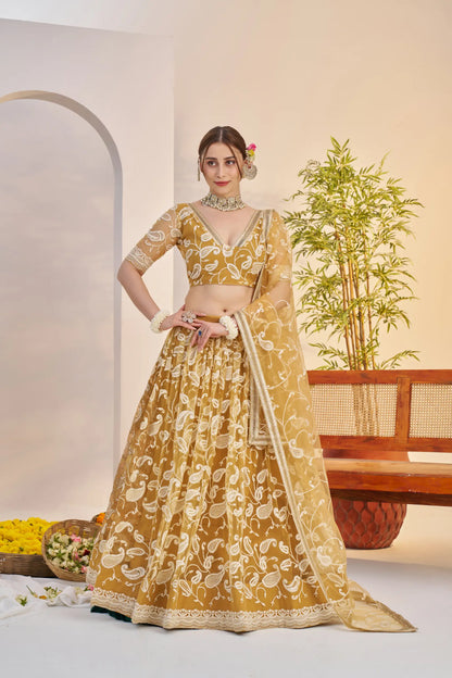 Golden Yellow Net Lehenga Choli With Embroidery Work