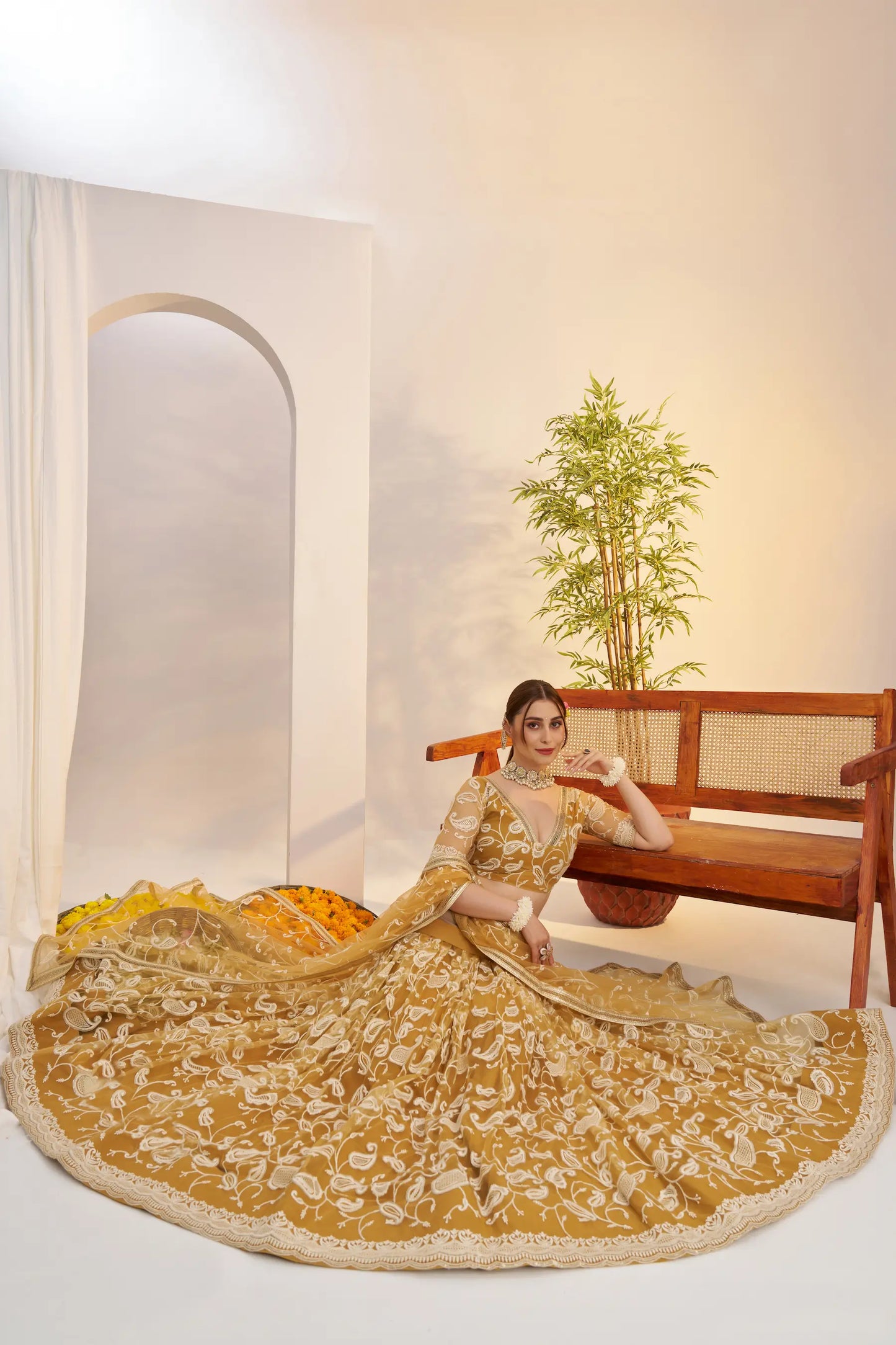 Golden Yellow Net Lehenga Choli With Embroidery Work
