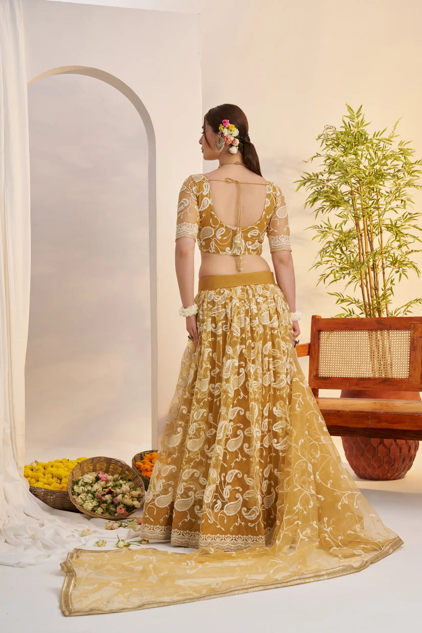 Golden Yellow Net Lehenga Choli With Embroidery Work