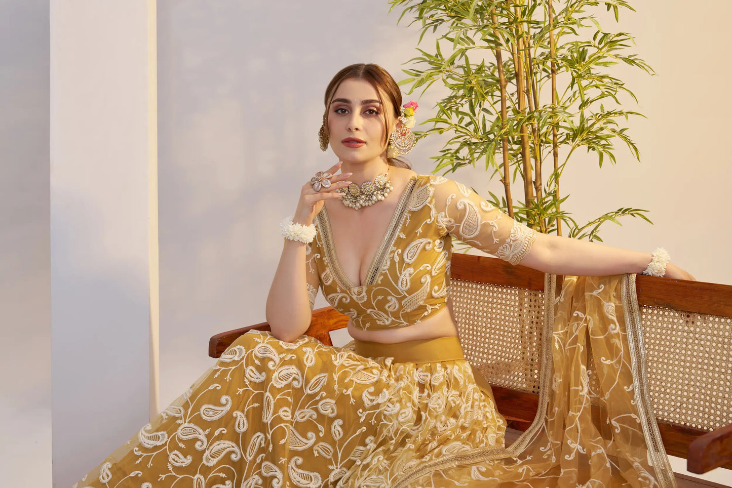 Golden Yellow Net Lehenga Choli With Embroidery Work