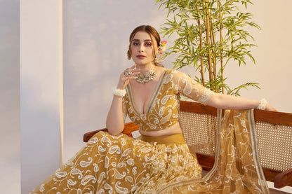 Golden Yellow Net Lehenga Choli With Embroidery Work