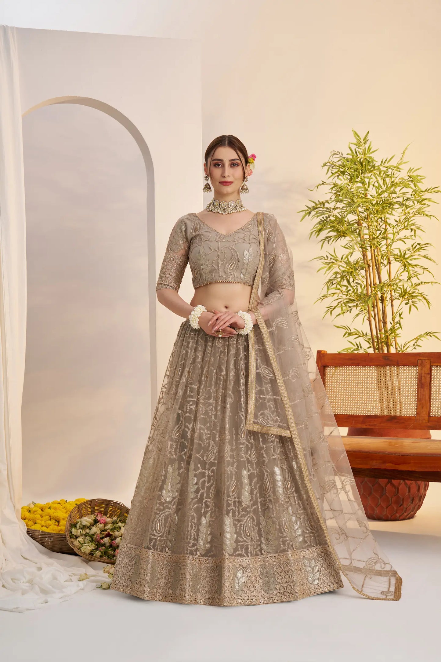 Metalic Grey Net Lehenga Choli With Embroidery Work