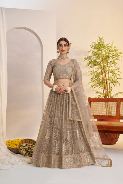 Metalic Grey Net Lehenga Choli With Embroidery Work