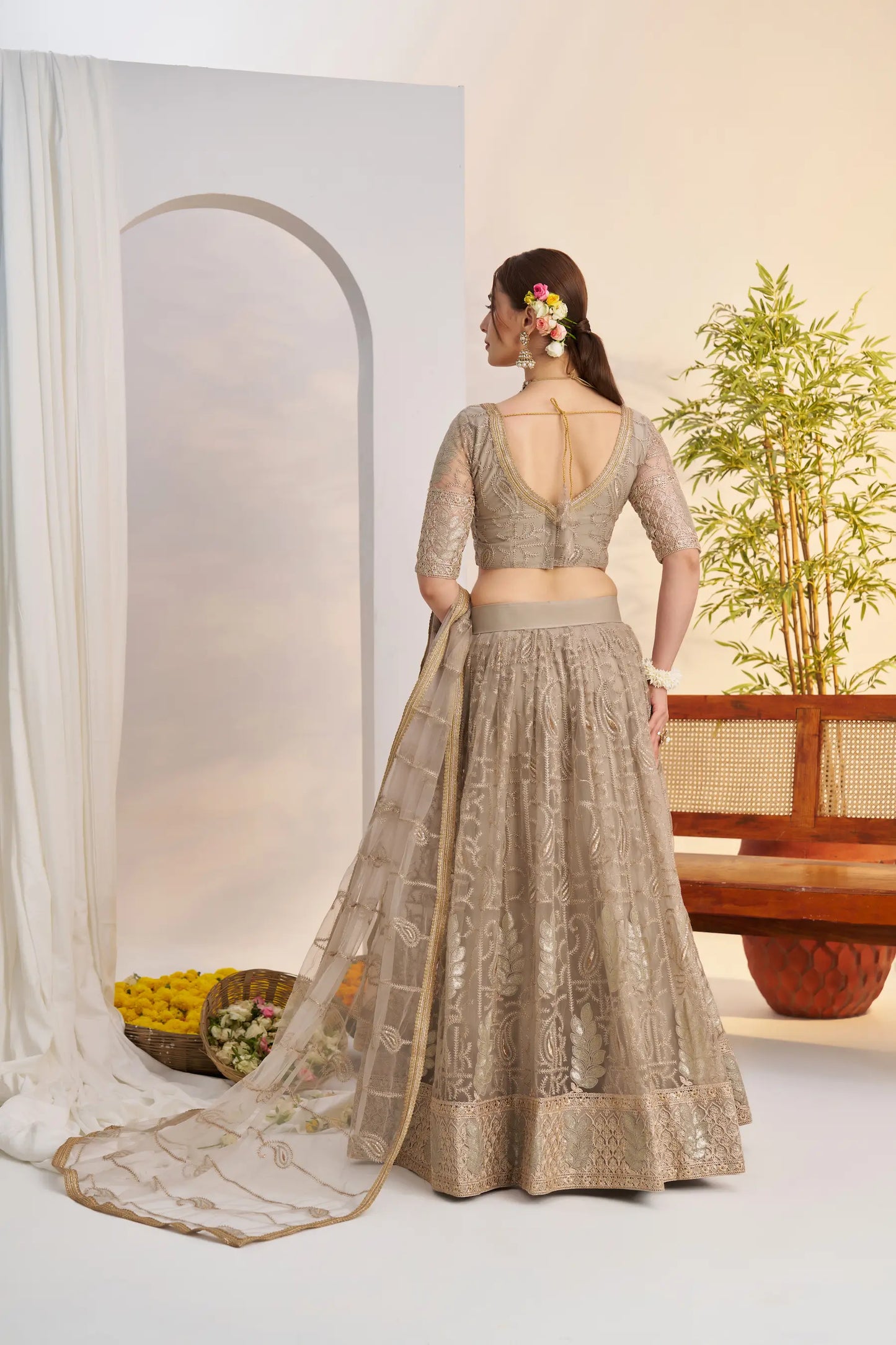 Metalic Grey Net Lehenga Choli With Embroidery Work