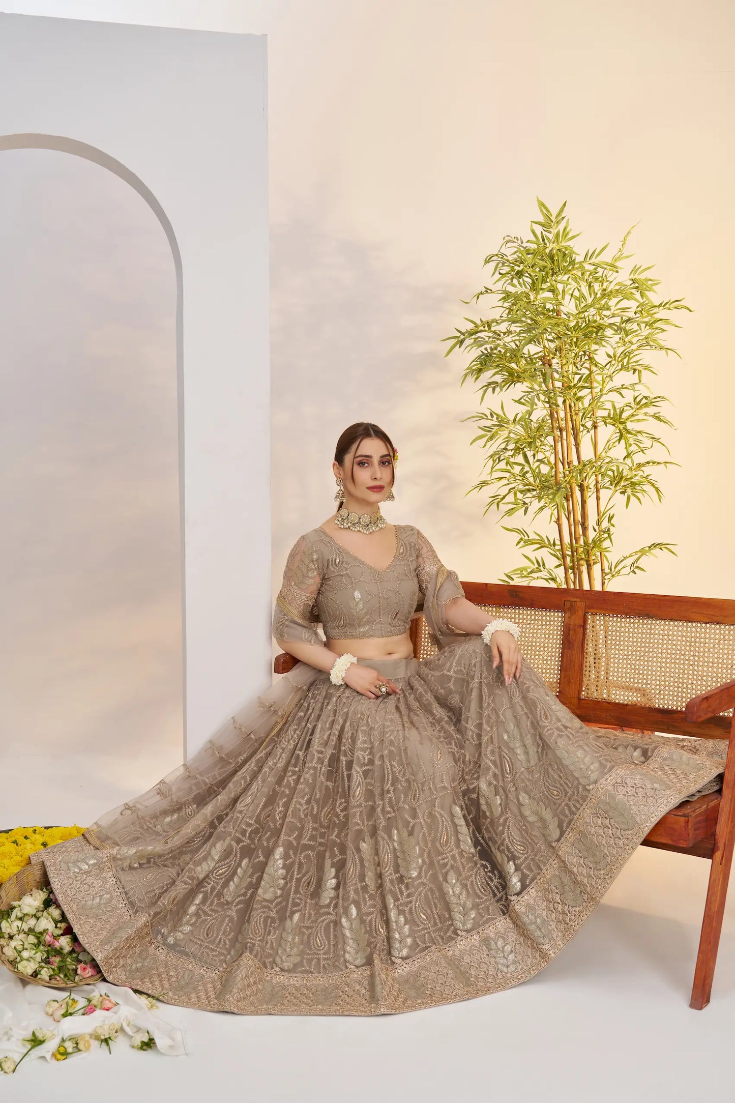 Metalic Grey Net Lehenga Choli With Embroidery Work