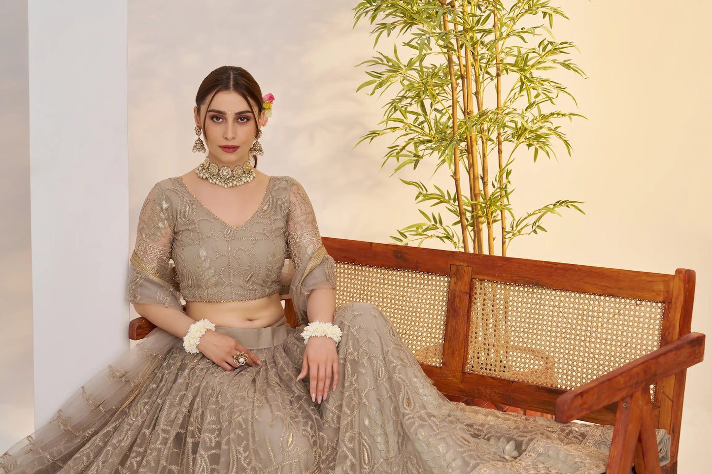 Metalic Grey Net Lehenga Choli With Embroidery Work