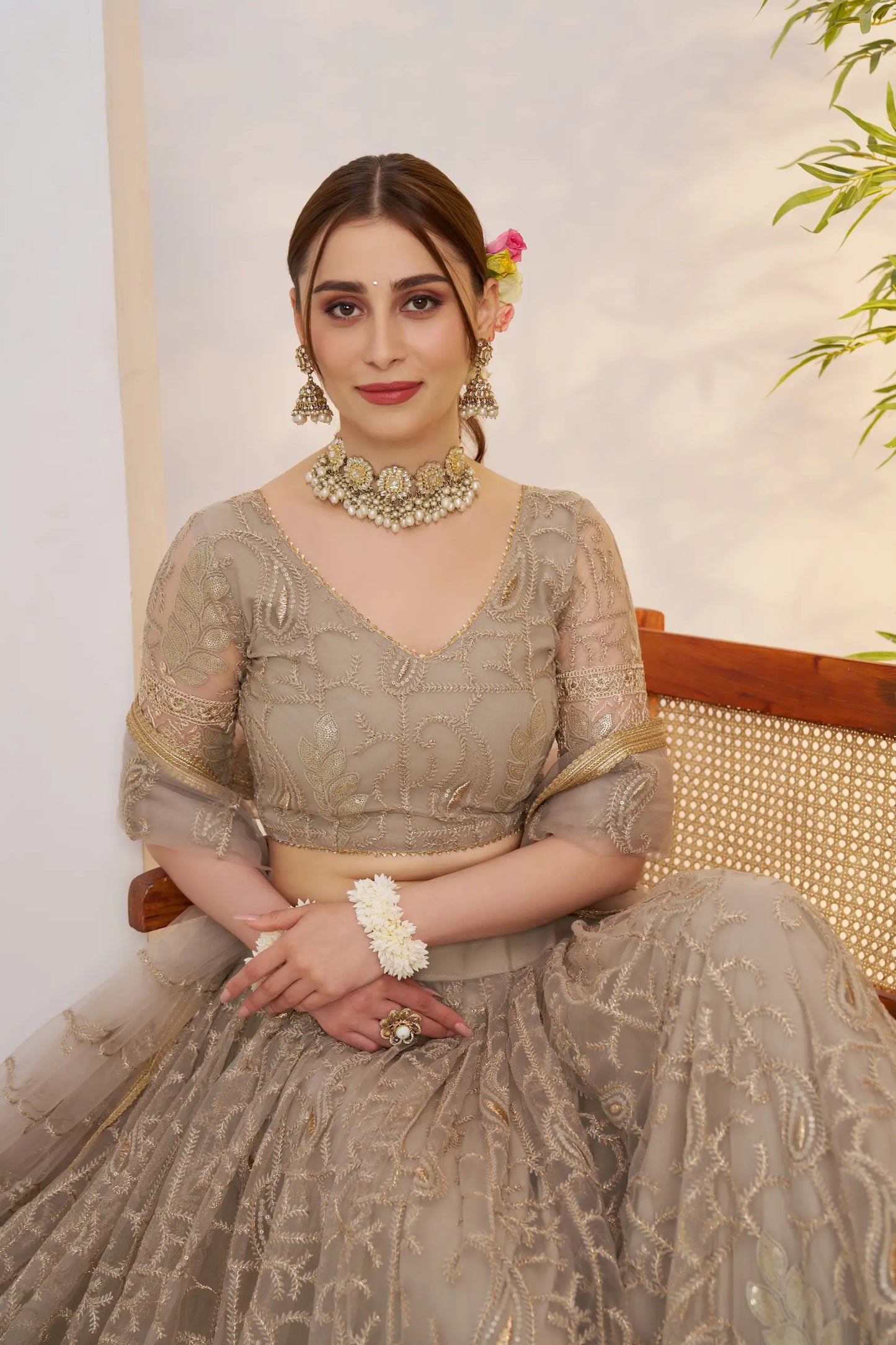 Metalic Grey Net Lehenga Choli With Embroidery Work