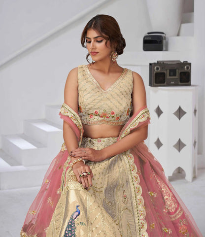 Ivory Silk Designer Lehenga With Peacock Feather Work