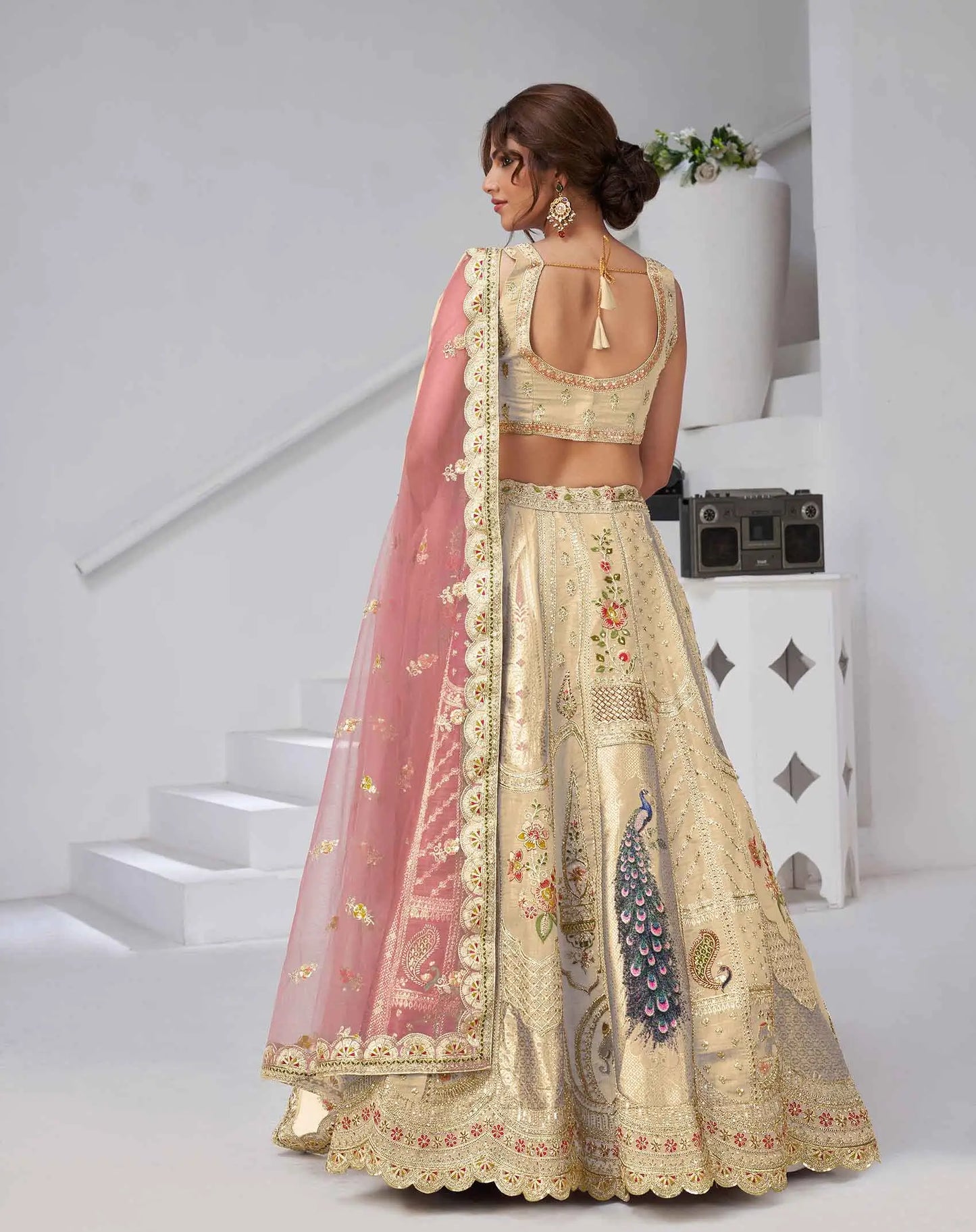 Ivory Silk Designer Lehenga With Peacock Feather Work