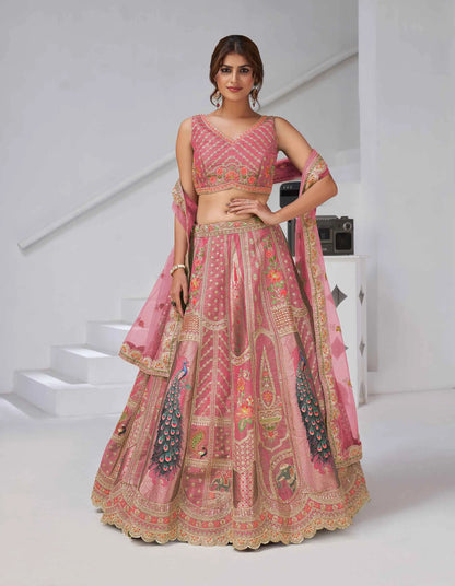 Designer Pink Silk Lehenga With Peacock Feather Work