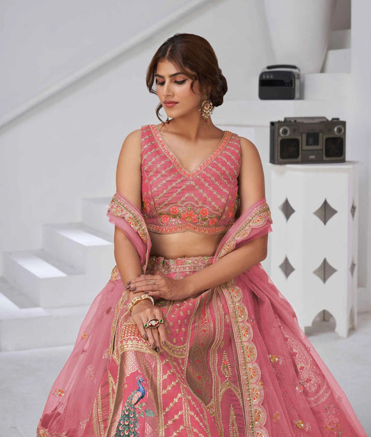 Designer Pink Silk Lehenga With Peacock Feather Work