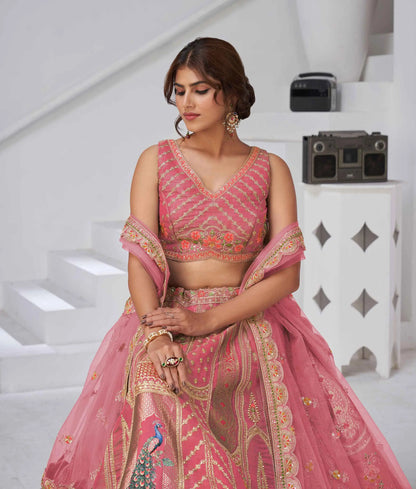 Designer Pink Silk Lehenga With Peacock Feather Work