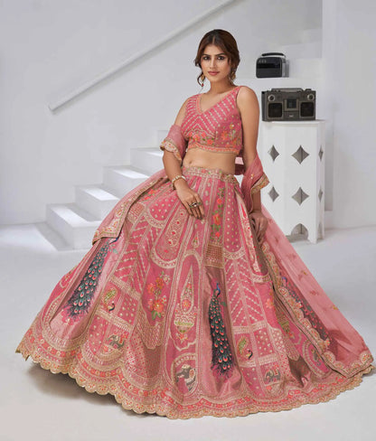 Designer Pink Silk Lehenga With Peacock Feather Work