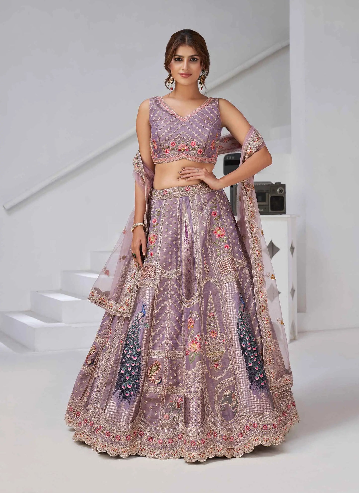 Dusky Purple Silk Lehenga With Peacock Feather Motifs
