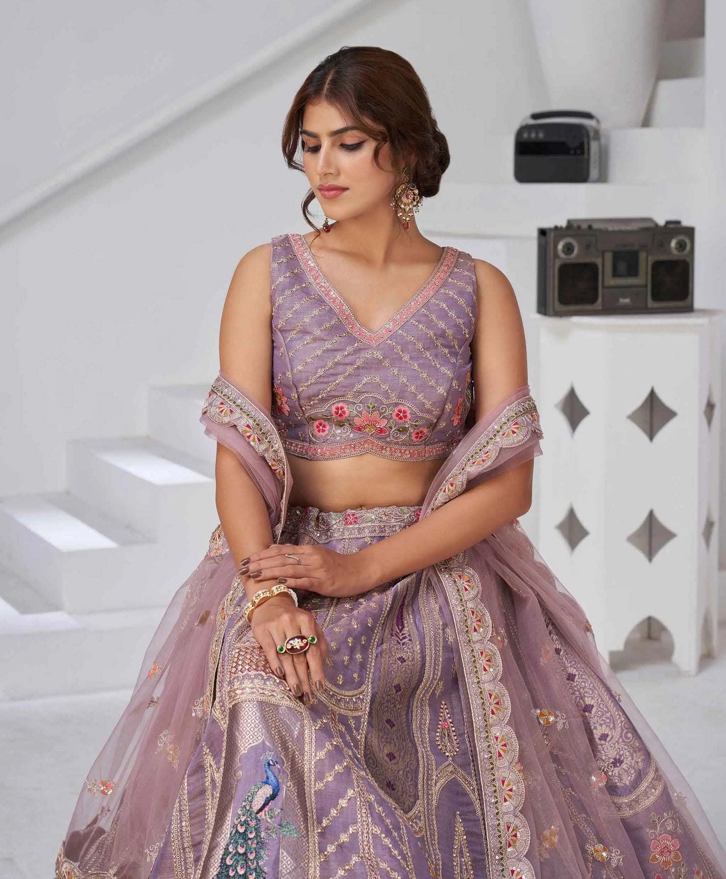 Dusky Purple Silk Lehenga With Peacock Feather Motifs