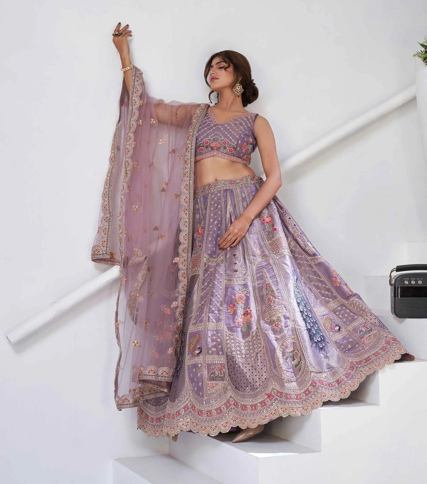Dusky Purple Silk Lehenga With Peacock Feather Motifs