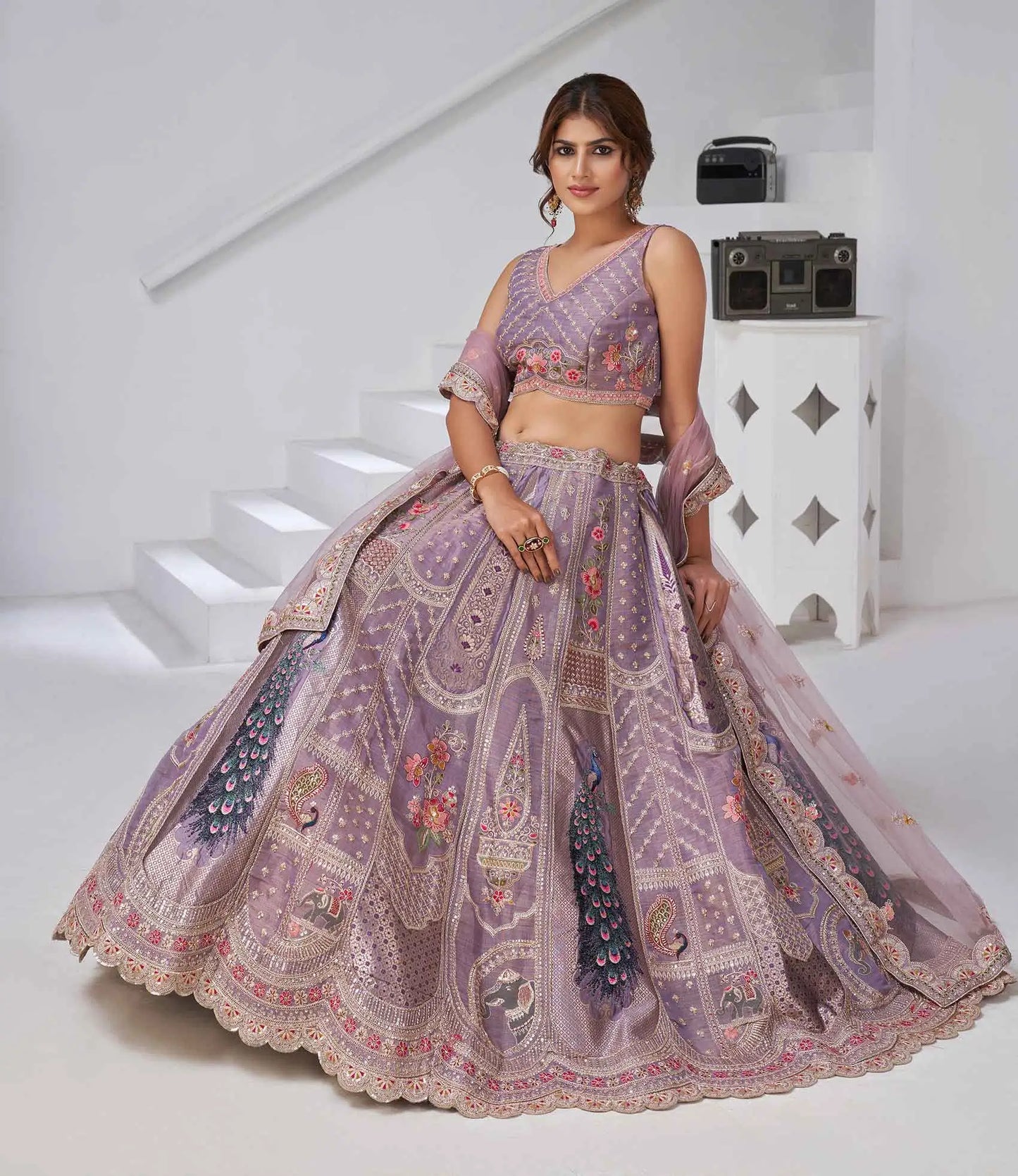 Dusky Purple Silk Lehenga With Peacock Feather Motifs