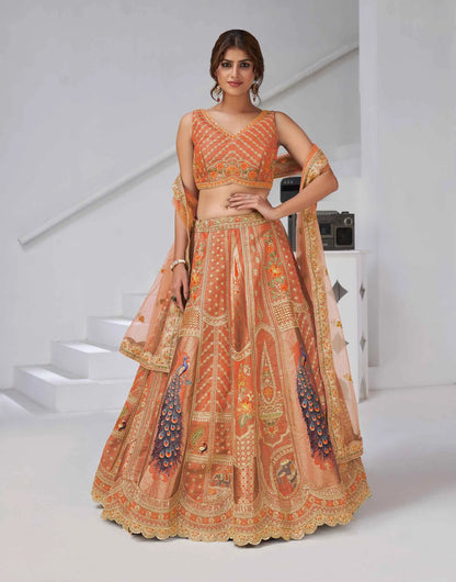 Elegant Rust Silk Lehenga With Feather Detailing