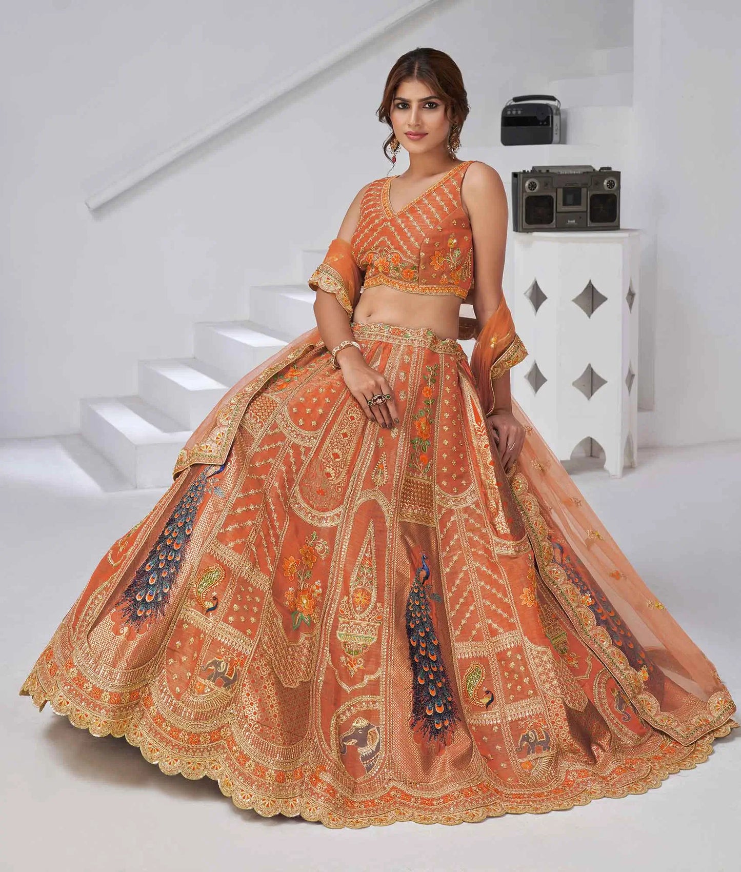 Elegant Rust Silk Lehenga With Feather Detailing