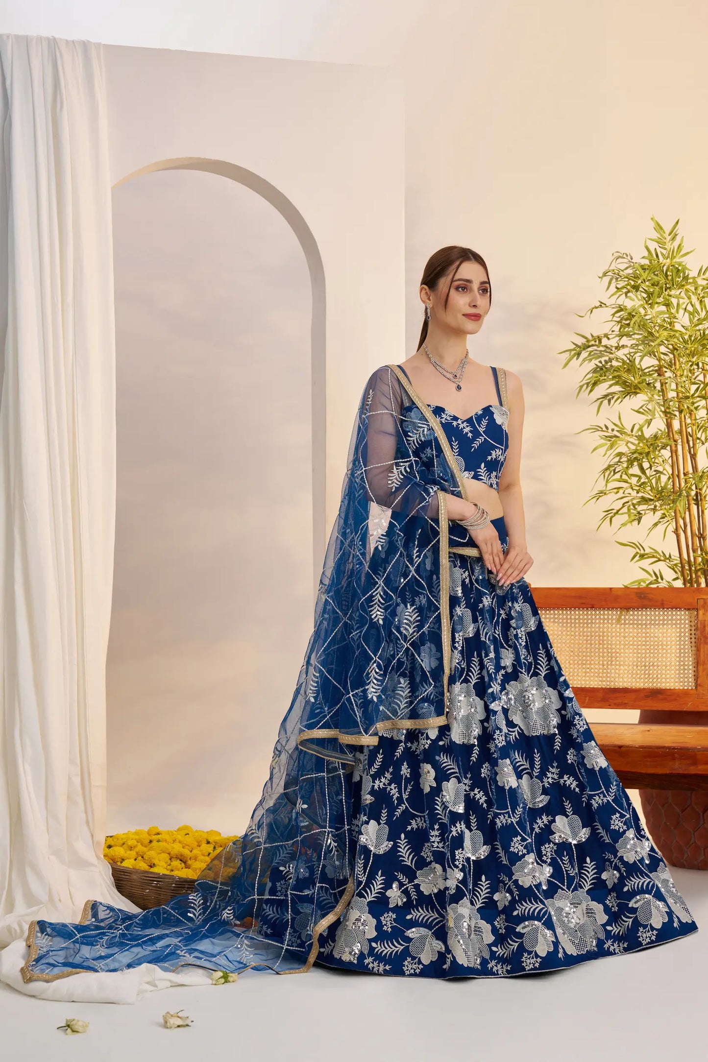 Peacock Blue Net Lehenga Choli With Embroidery Work