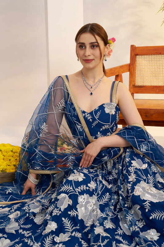 Peacock Blue Net Lehenga Choli With Embroidery Work