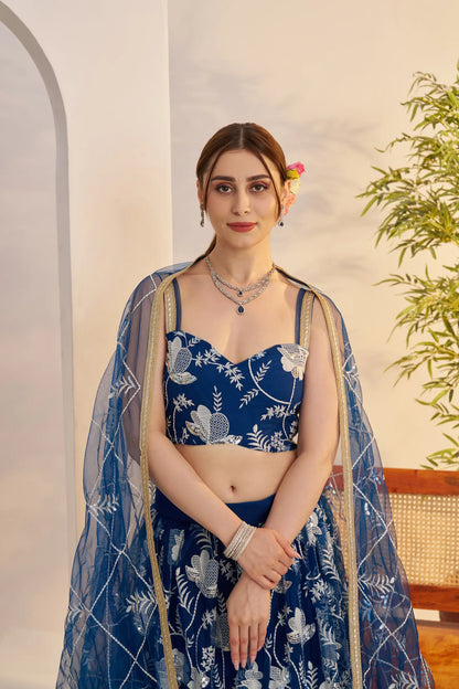 Peacock Blue Net Lehenga Choli With Embroidery Work