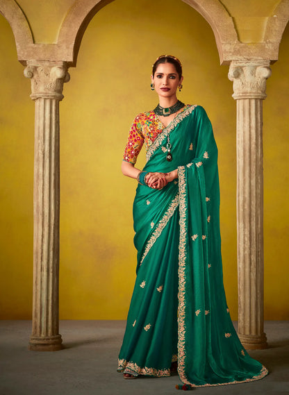 Green Glass Tissue Saree With Digital Print,  Sequence & Thread Embroidery Work