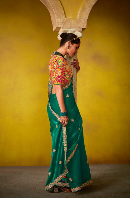 Green Glass Tissue Saree With Digital Print,  Sequence & Thread Embroidery Work