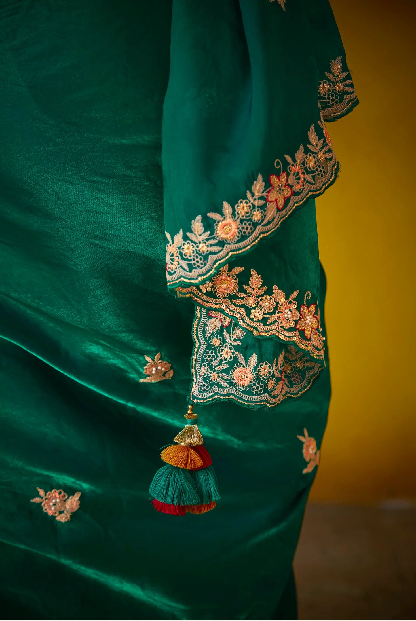 Green Glass Tissue Saree With Digital Print,  Sequence & Thread Embroidery Work