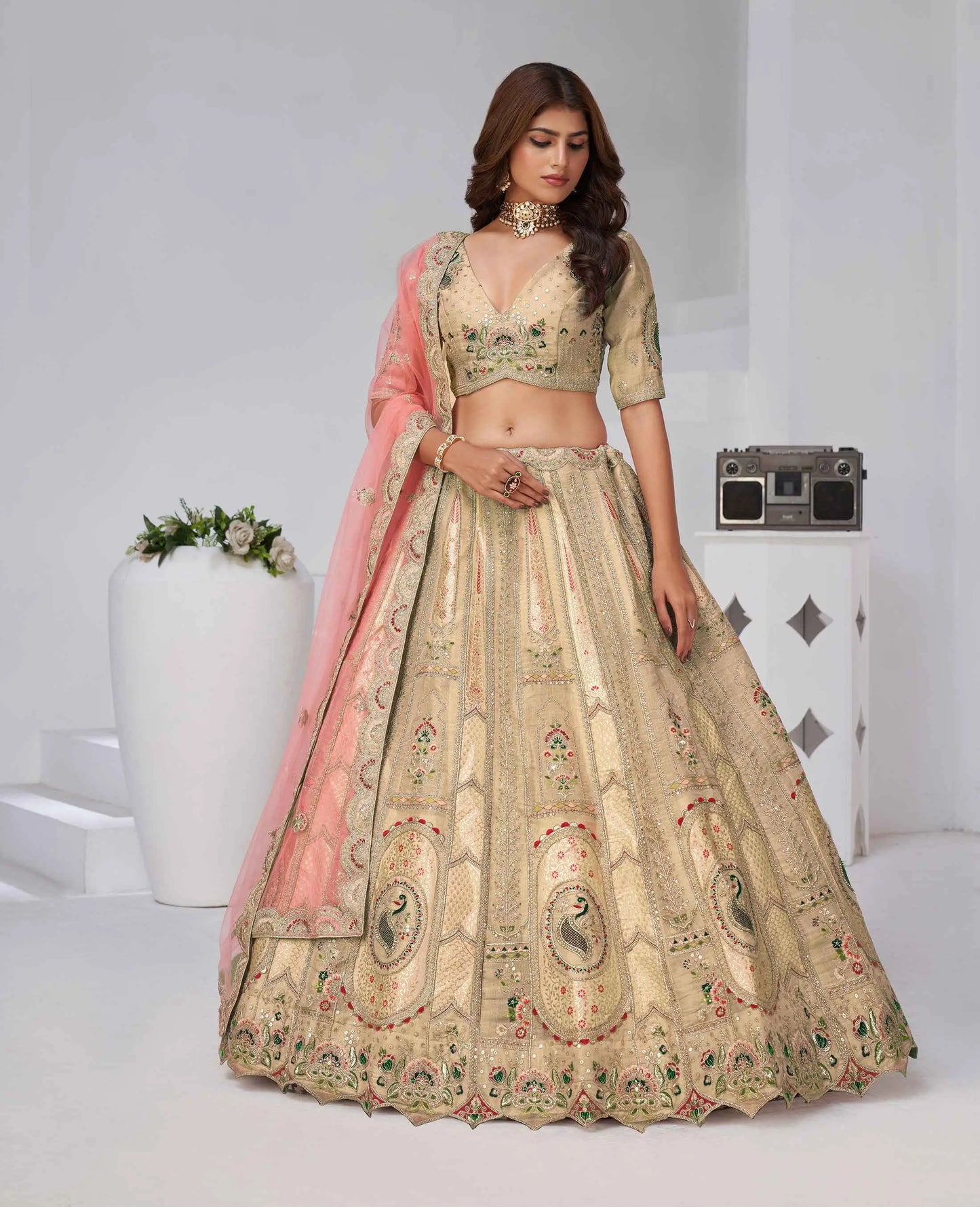 Beige Silk Lehenga With Zari Resham Sequins Work