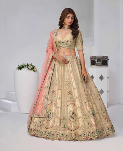 Beige Silk Lehenga With Zari Resham Sequins Work