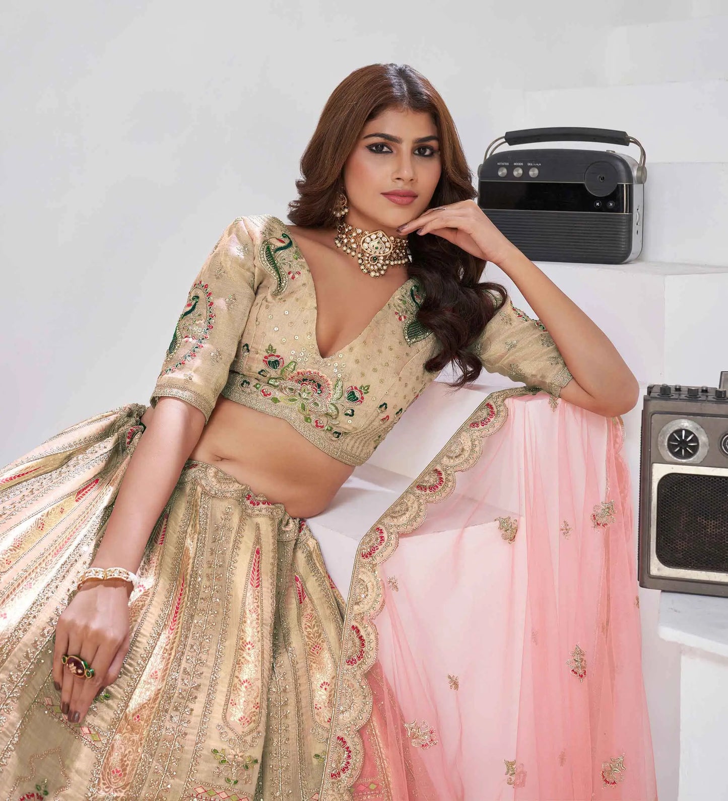 Beige Silk Lehenga With Zari Resham Sequins Work