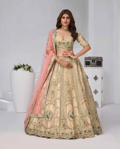 Beige Silk Lehenga With Zari Resham Sequins Work