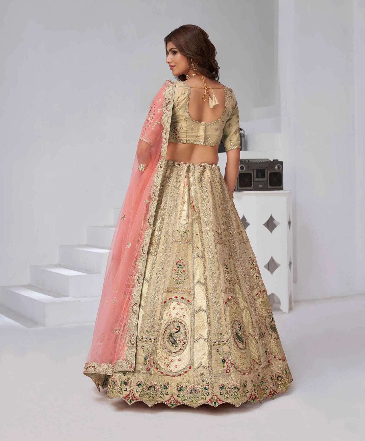 Beige Silk Lehenga With Zari Resham Sequins Work