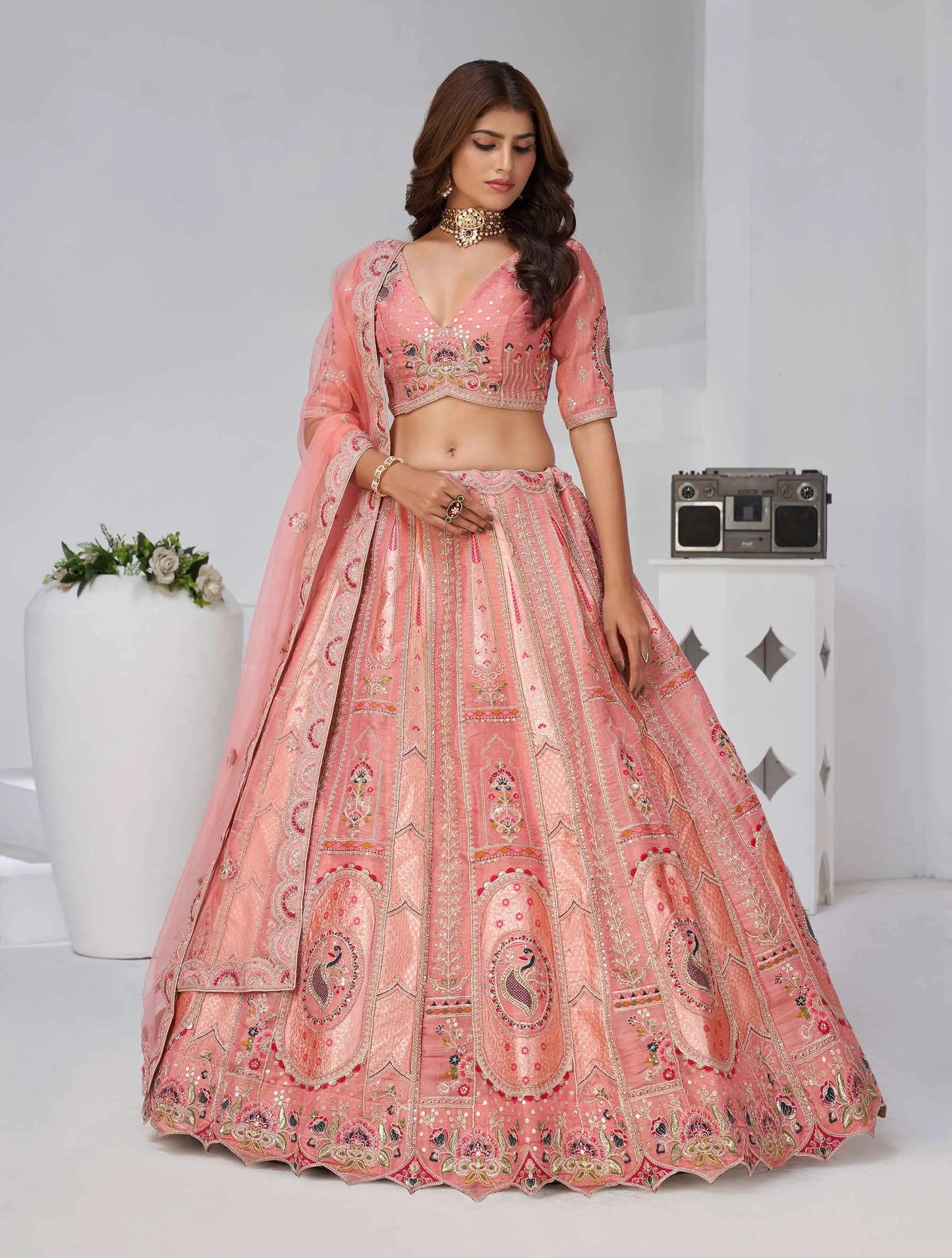 Peachy Pink Silk Lehenga With Zari & Resham Detailing