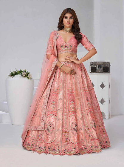 Peachy Pink Silk Lehenga With Zari & Resham Detailing