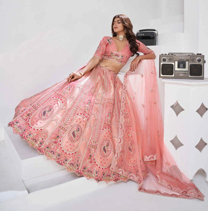 Peachy Pink Silk Lehenga With Zari & Resham Detailing