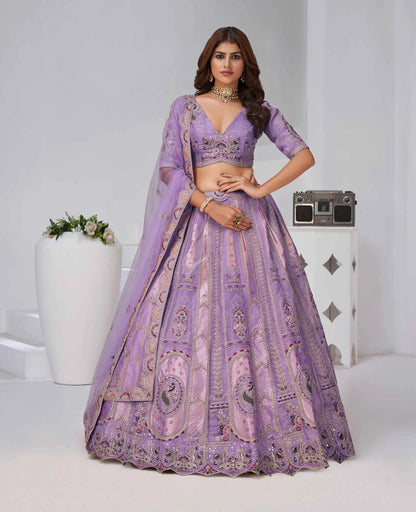 Dusty Lavender Zari Resham Embroidery Silk Lehenga