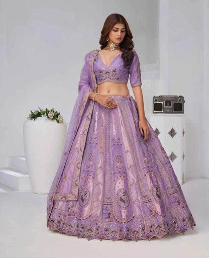 Dusty Lavender Zari Resham Embroidery Silk Lehenga
