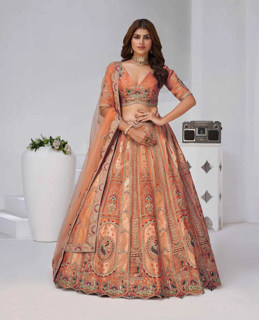 Designer Rust Silk Lehenga With Zari Sequins Detailing