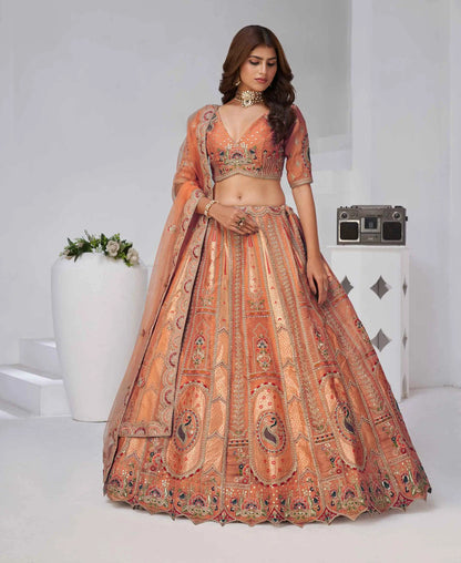 Designer Rust Silk Lehenga With Zari Sequins Detailing