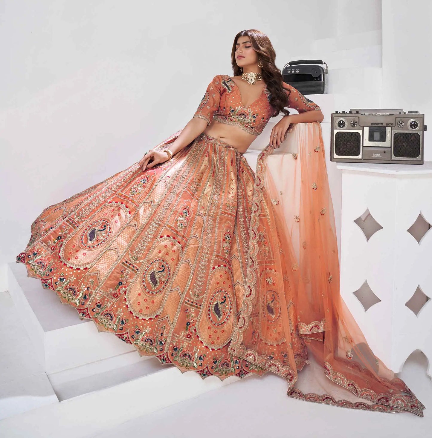Designer Rust Silk Lehenga With Zari Sequins Detailing