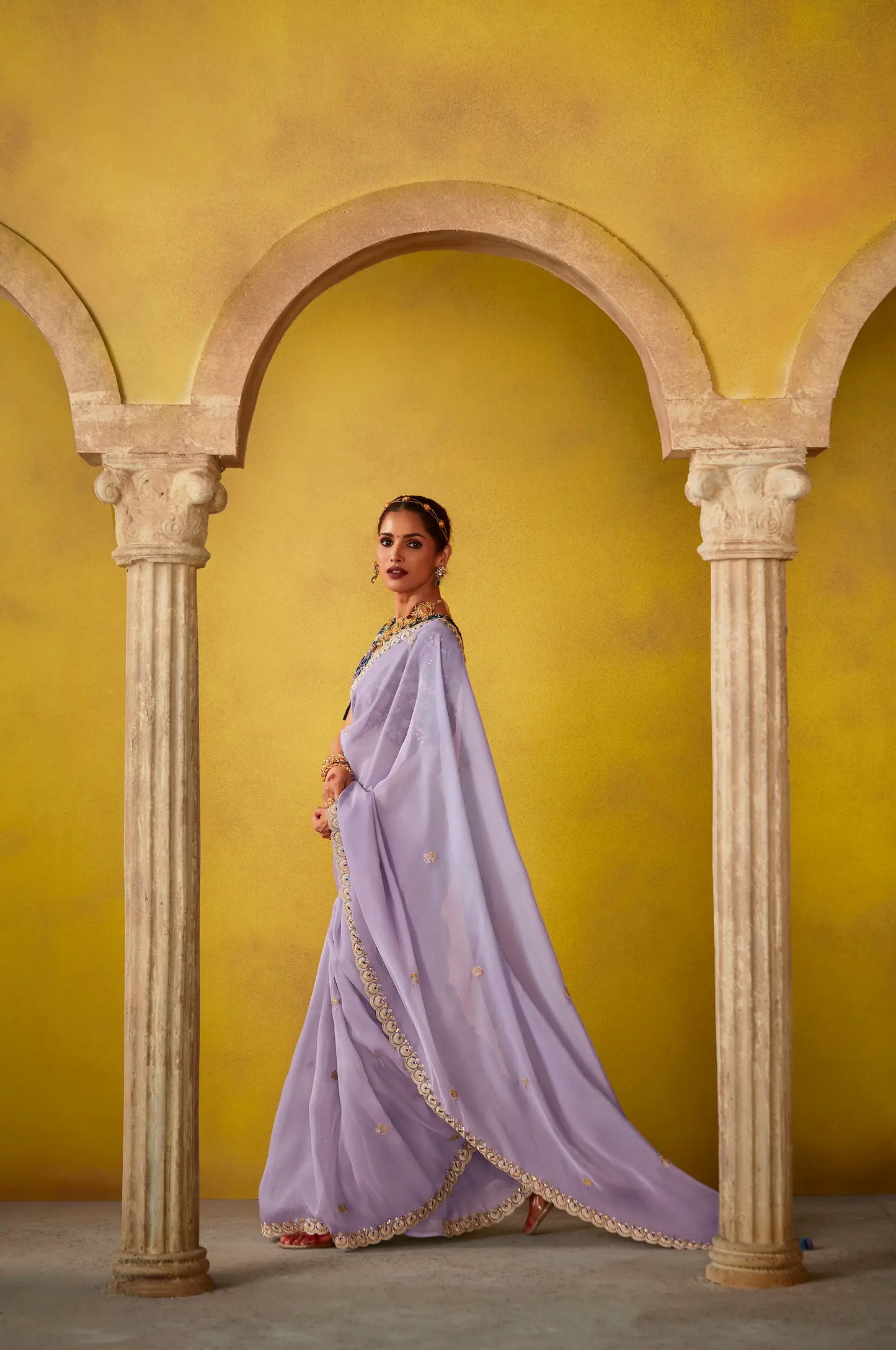 Lavender Glass Tissue Saree With Digital Print,  Sequence & Thread Embroidery Work