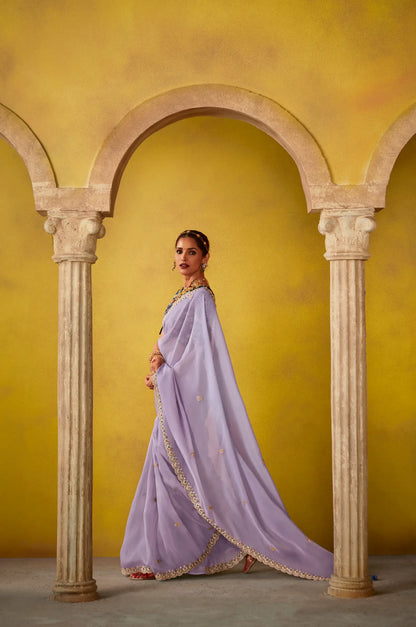Lavender Glass Tissue Saree With Digital Print,  Sequence & Thread Embroidery Work
